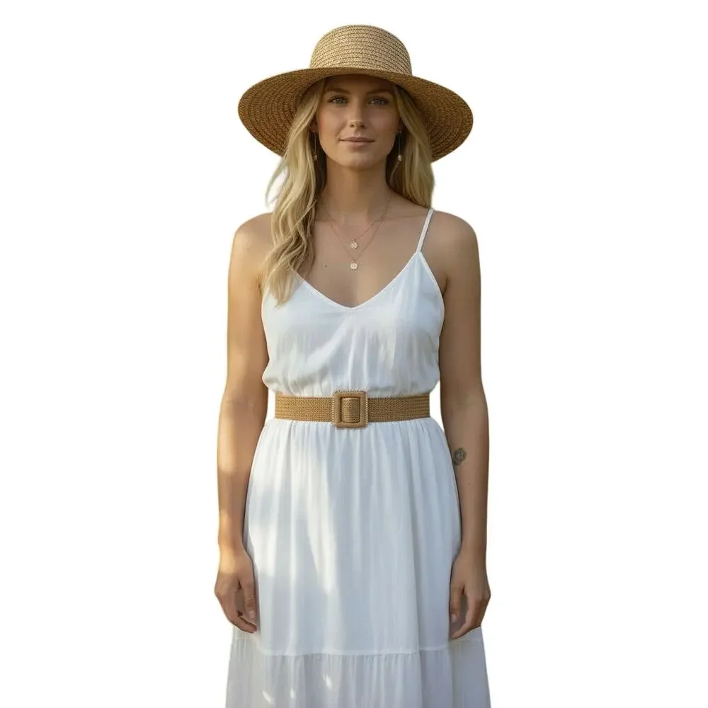 Tan Woven Belt Beaded Square Buckle Adjustable 40.5” NWOT - Picture 3 of 3